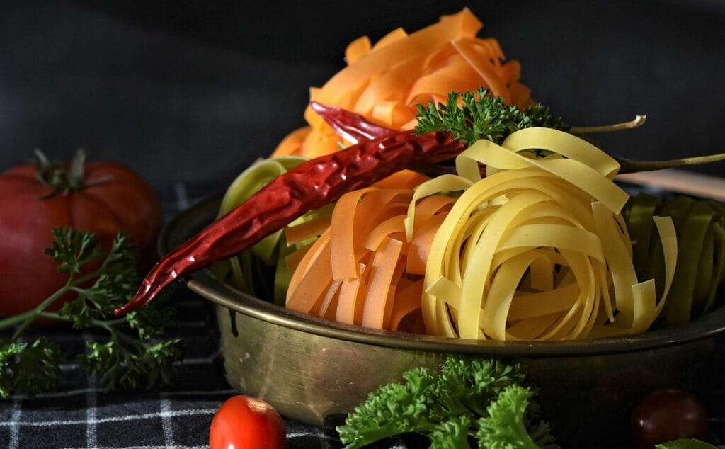 noodles, tagliatelle, pasta, raw, multicoloured, food, carbohydrates, meal, cook, staple food, italian, edible, fresh, eggs, flour, rolling pin, red, yellow, green, food photo, kitchen, noodles, pasta, pasta, pasta, pasta, pasta, food, carbohydrates, kitchen